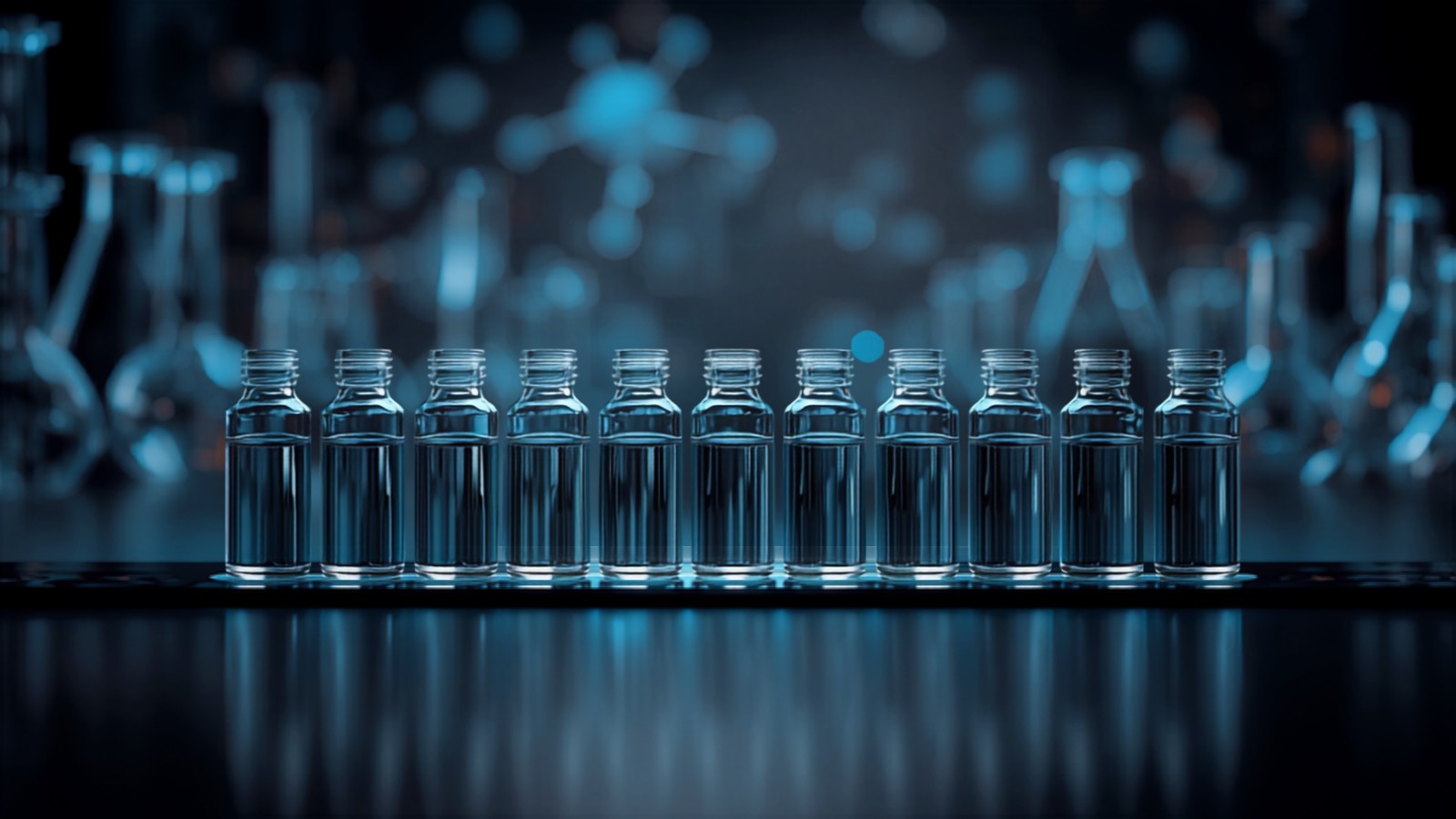 Clear-liquid research-compound vials on a dark laboratory bench